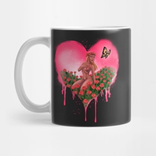 LOVE HEART with BUTTERFLY and ROSES - Graffiti Style (Pink) Mug